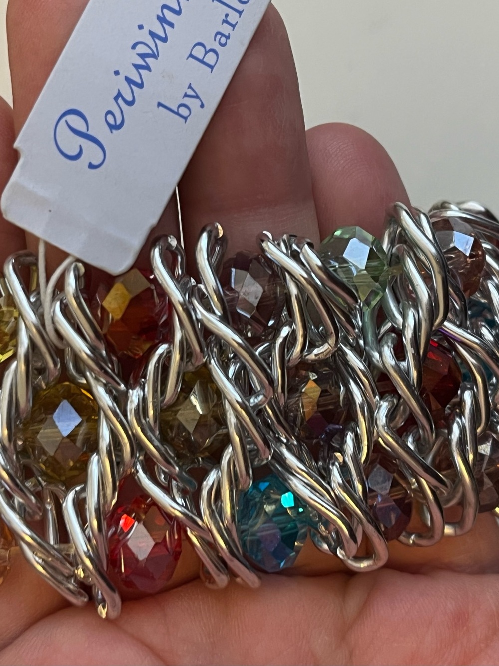 NWT Wide Woven silver Tone Stretch Bracelet Multi Color Faceted Crystals - Picture 2 of 5